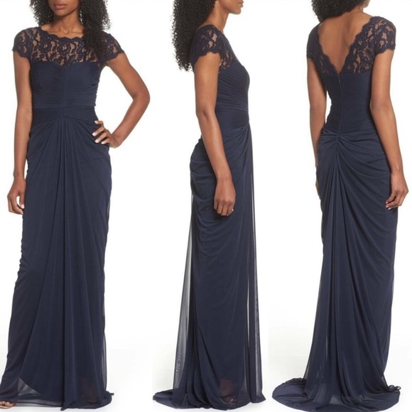 Adrianna Papell Lace Yoke Gown Drapped Dress Lacey Navy Blue Rouched Maxi - Picture 1 of 10